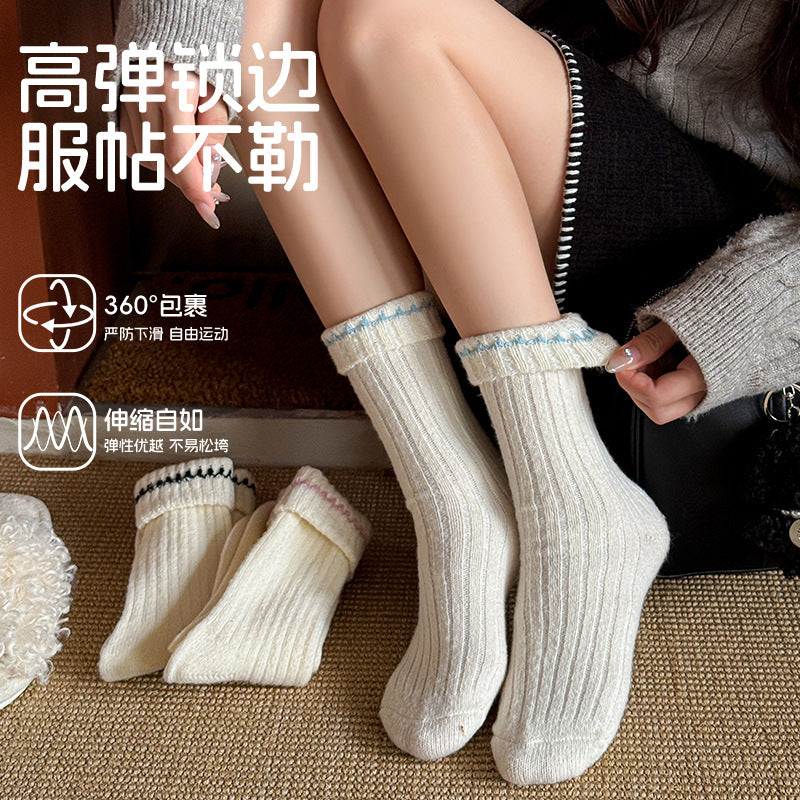 阿程家批发保暖袜子女秋冬款加厚毛绒睡眠冬天长袜堆堆袜撞色韩系