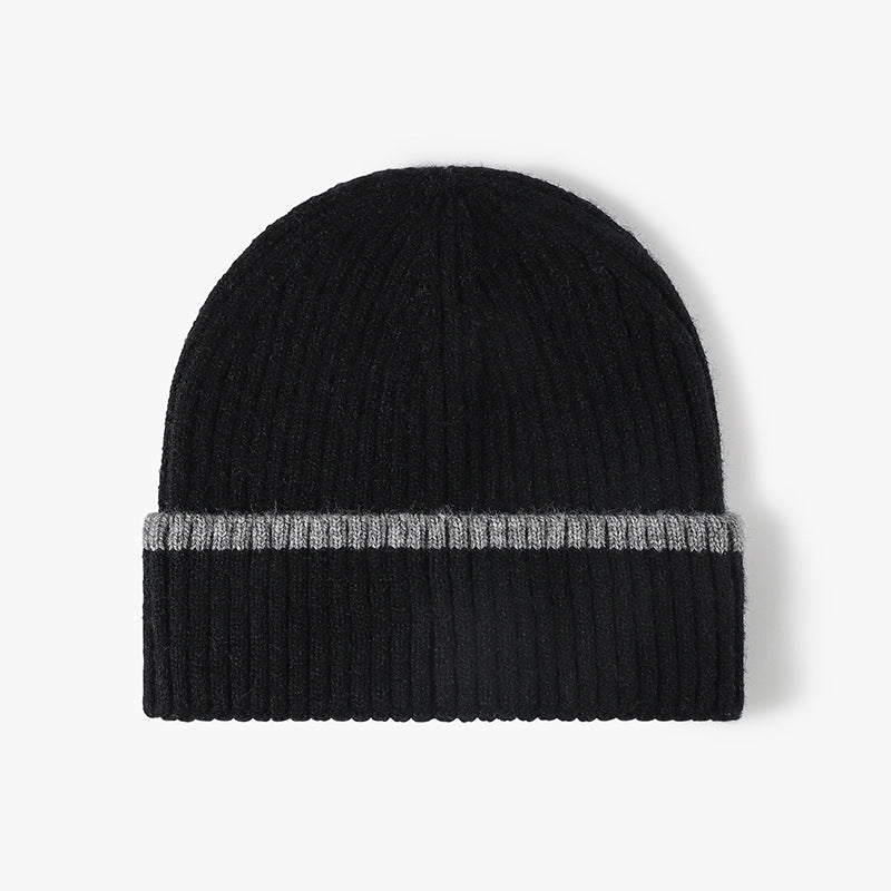 Black contrast stripe ribbed cuffed knit beanie product view