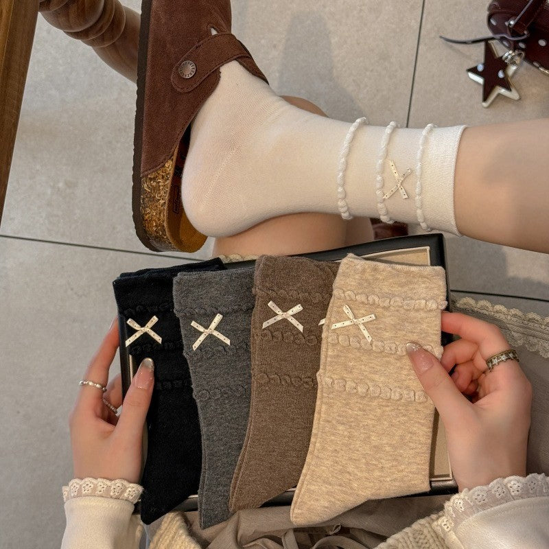 蛋糕泡泡口袜子女韩系中筒袜简约纯色布标芭蕾风无骨精梳棉堆堆袜