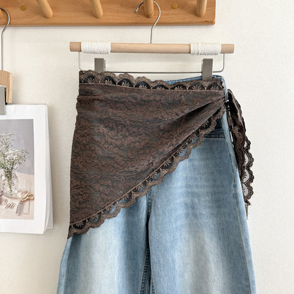 Product image for Scarvii - Floral Textured Lace-Trim Triangle Scarf (Brown)