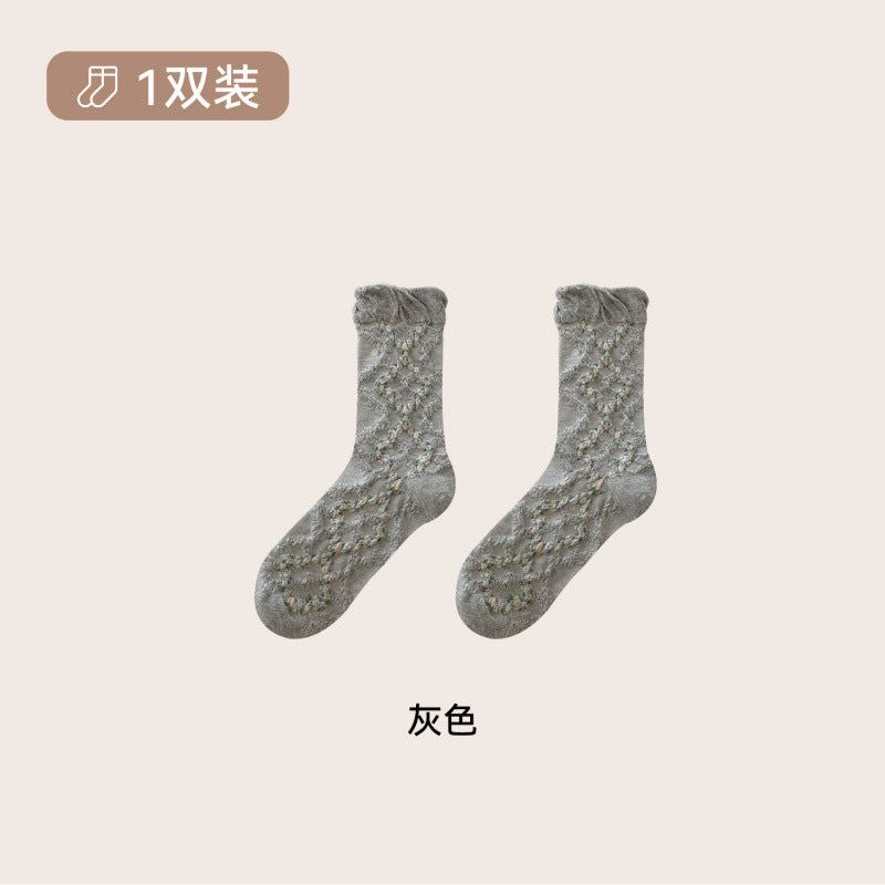 远润家秋冬复古森系立体浮雕花边中筒袜子女森系无骨堆堆棉袜