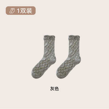 远润家秋冬复古森系立体浮雕花边中筒袜子女森系无骨堆堆棉袜