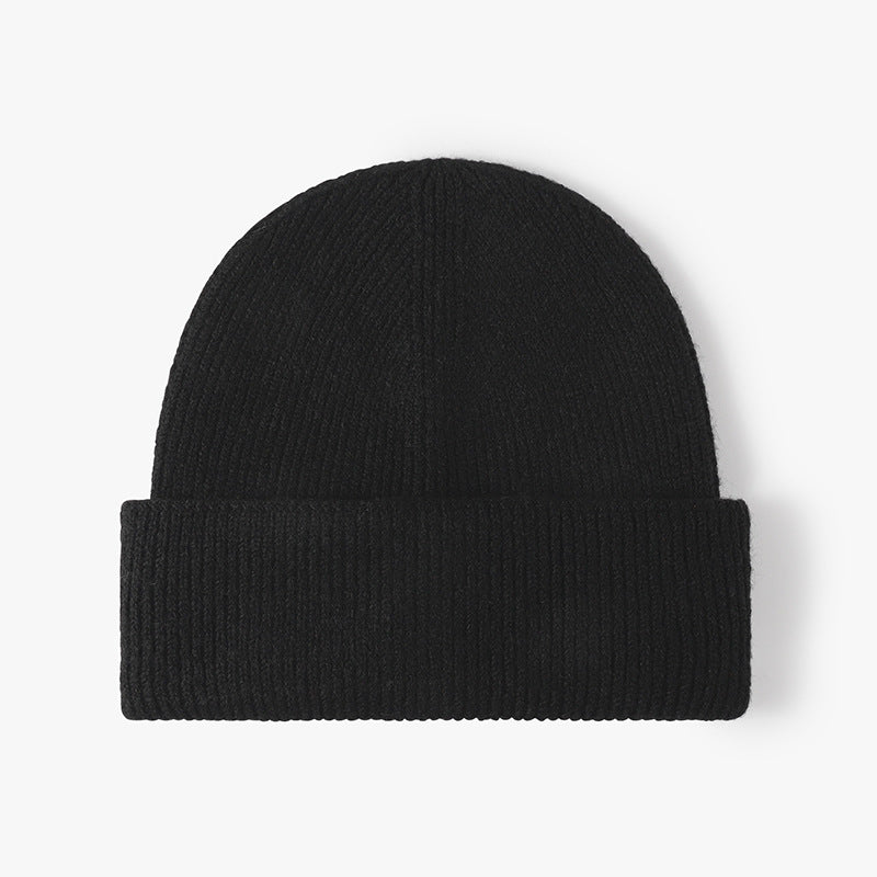 Black wool knit double-cuff beanie product view