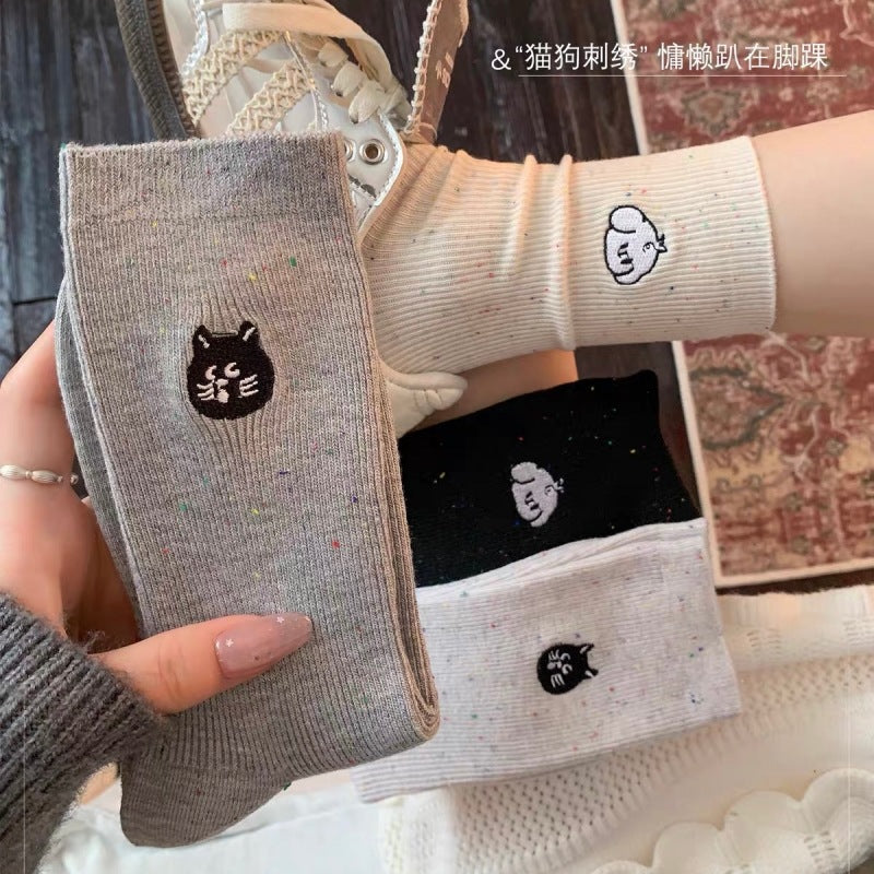 可爱卡通袜子女生秋季纯棉中筒袜ins潮小狗刺绣长袜点子纱堆堆袜