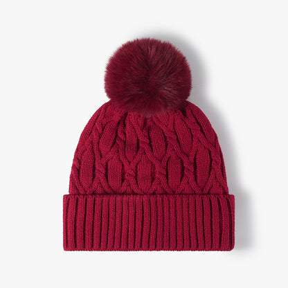 Burgundy cable knit pom-pom cuffed beanie product view