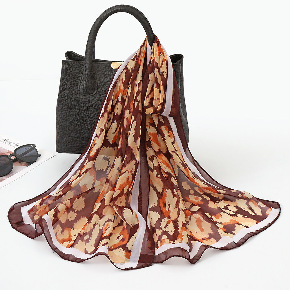 气质百搭护颈长条丝巾纱巾薄款雪纺印花围巾女夏季植物花卉印花