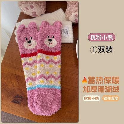 批发半边绒女秋冬保暖松口地板袜日系卡通毛绒月子睡眠袜小熊
