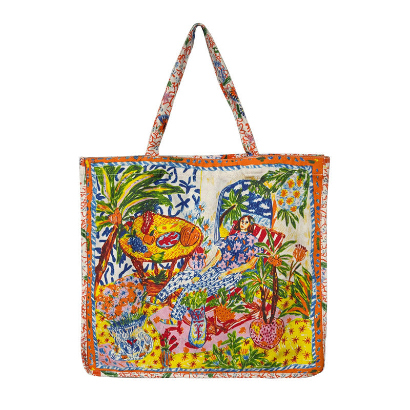 Floral Print Double-Sided Canvas Large Tote Bag