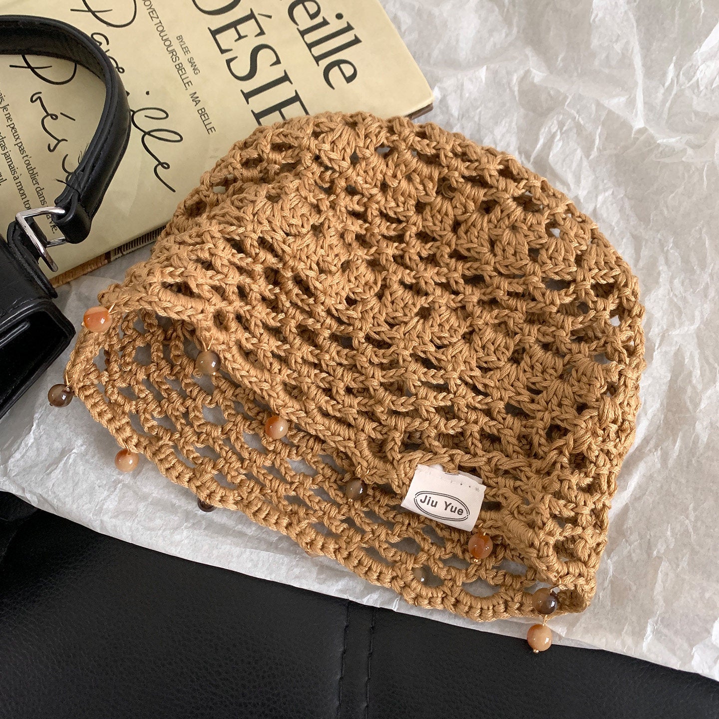 Haila - Solid Color Openwork Bead Charm Beanie