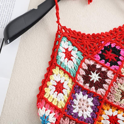Bohemian Style Crochet Knit Crop Top color options including WHITE, RED, PURPLE