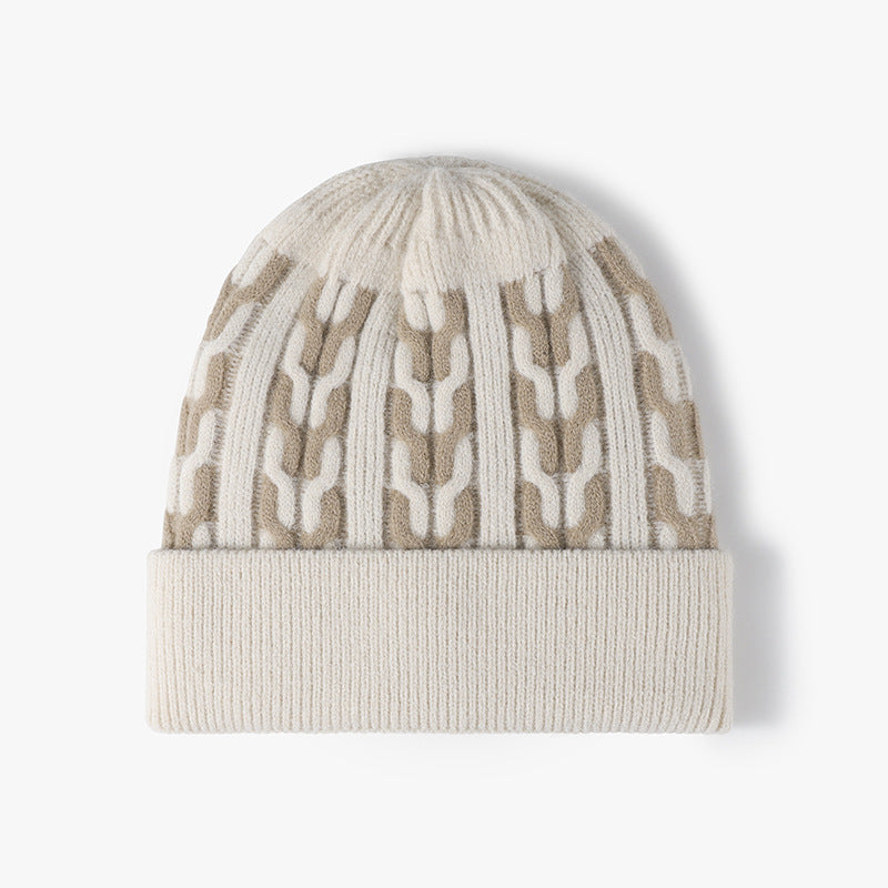 Beige contrast chain-pattern fleece-lined beanie product view