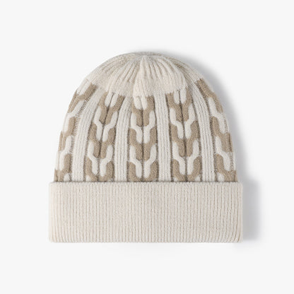 Beige contrast chain-pattern fleece-lined beanie product view