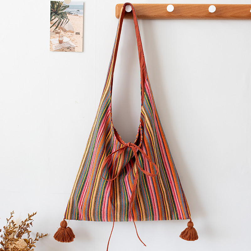 Cosbai – Boho Striped Tassel Tote