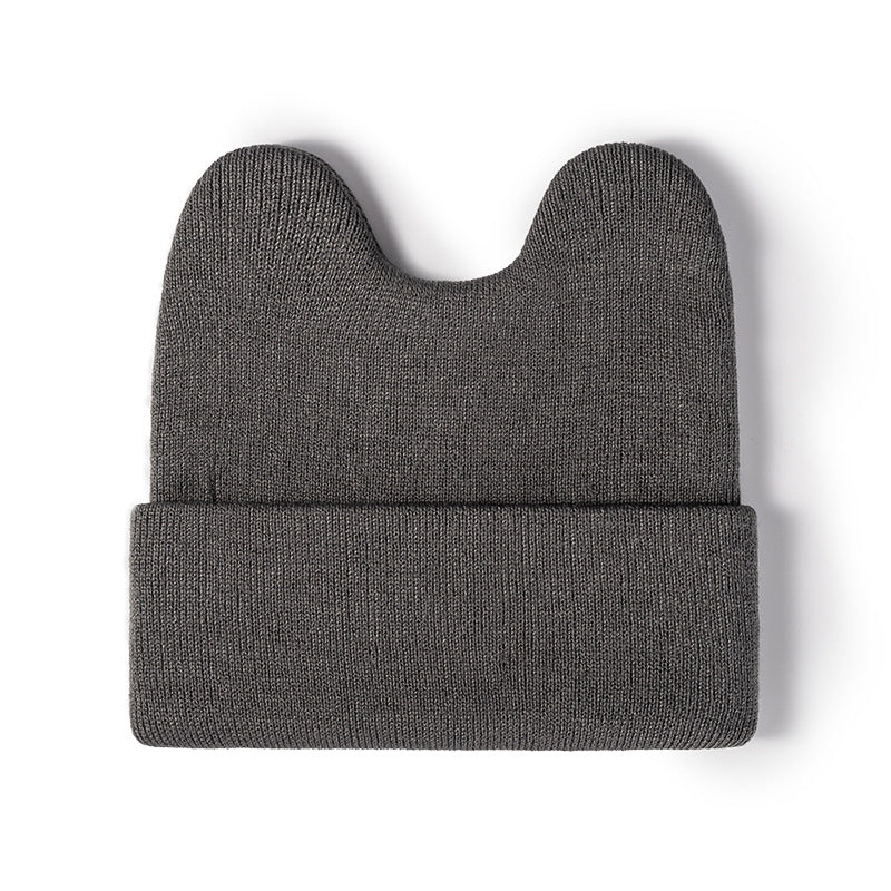 Gray rounded ear cuffed knit beanie overview