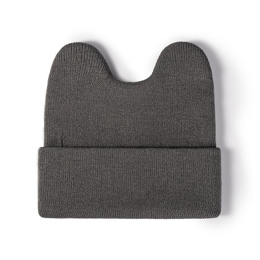 Gray rounded ear cuffed knit beanie overview