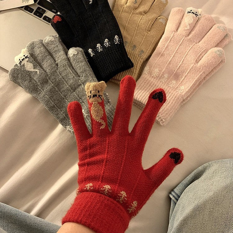 新年红色分指手套女冬天学生可爱猫咪韩版加厚毛绒骑行保暖冬季潮