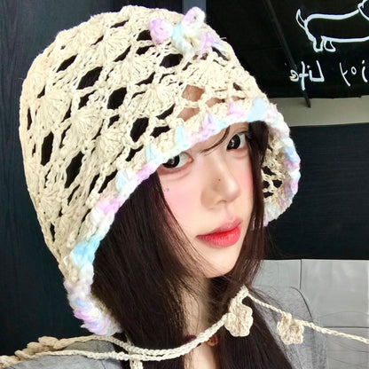 手工编织蝴蝶结流苏镂空包头帽女夏季薄款显脸小哲针织套头帽子