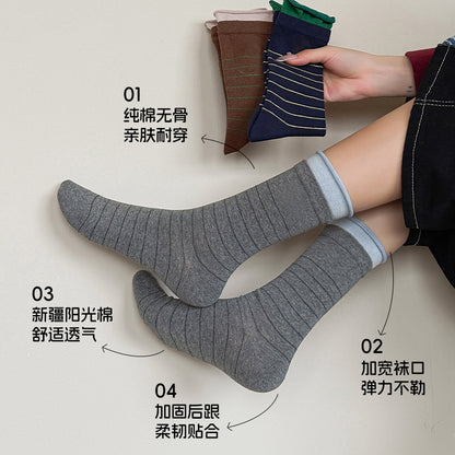 阿程家批发袜子无骨女棉袜秋冬韩系美式学院风条纹堆堆袜撞色卷边