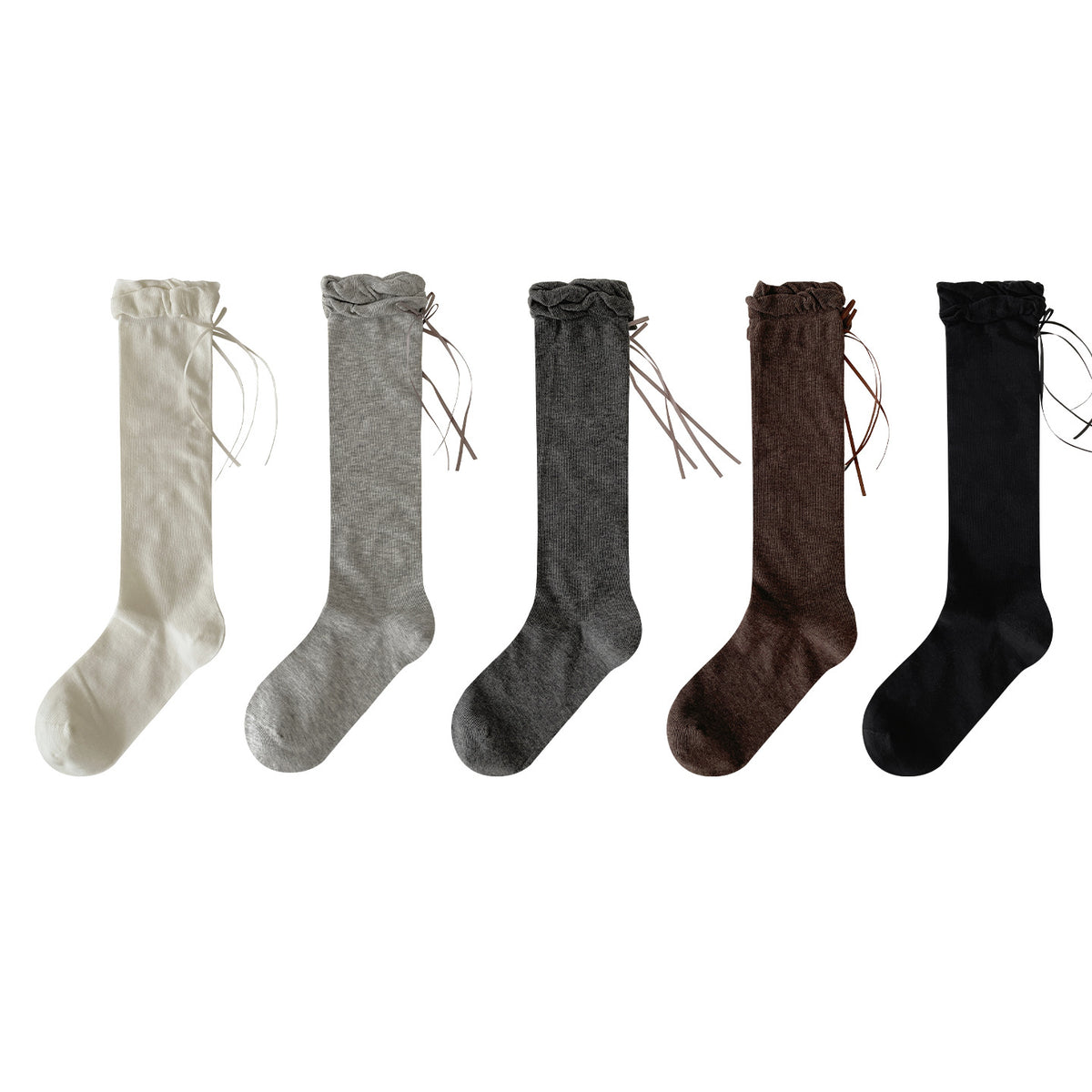 CHEEMY FREE秋冬简约日系纯色花边飘带中长筒袜子女显瘦小腿女袜