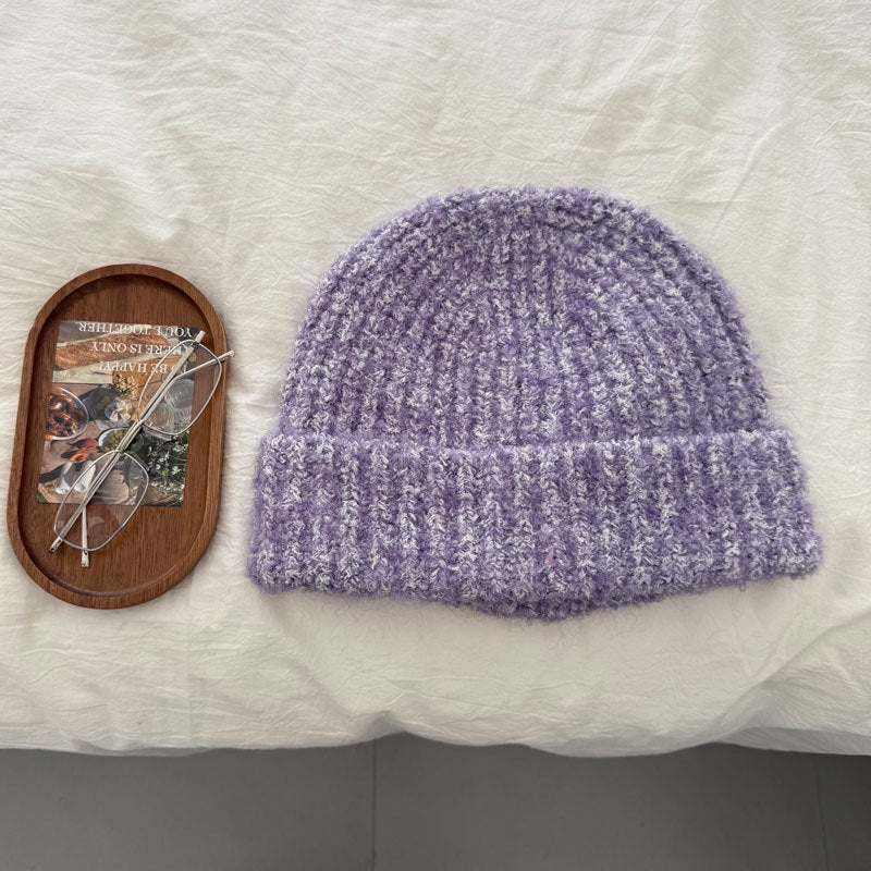 Purple textured fleck knit beanie flat lay