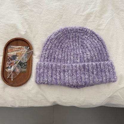Purple textured fleck knit beanie flat lay