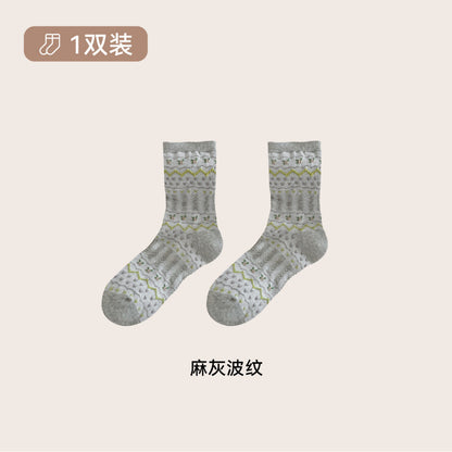 远润家秋冬新款复古森系肌理中筒袜子女百搭花边无骨堆堆袜