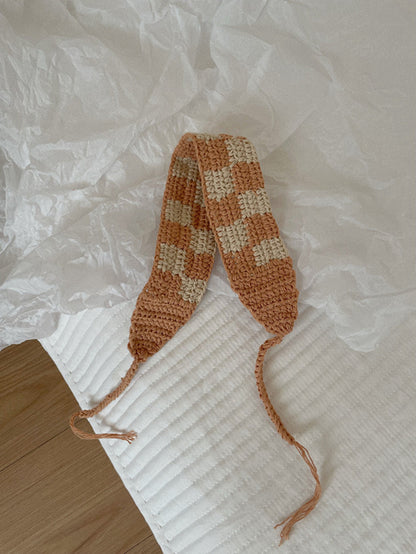 Scarvii Summer Crochet Plaid Hairband with mixed beige and cream plaid pattern