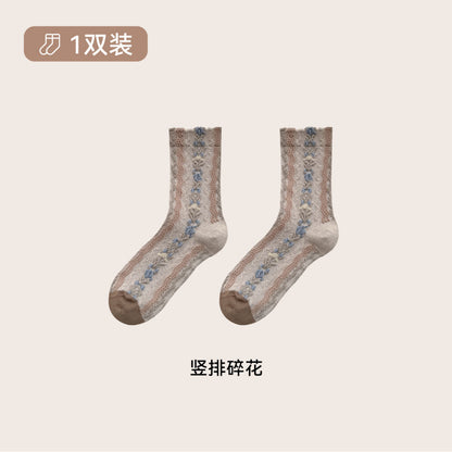远润家秋冬法式郁金香中筒袜子女复古立体花边田园无骨棉袜