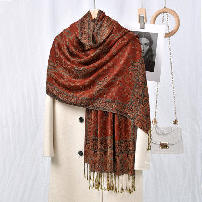 Product image for Scarvii - Paisley Floral-Vine Fringe Scarf (Orange Red)