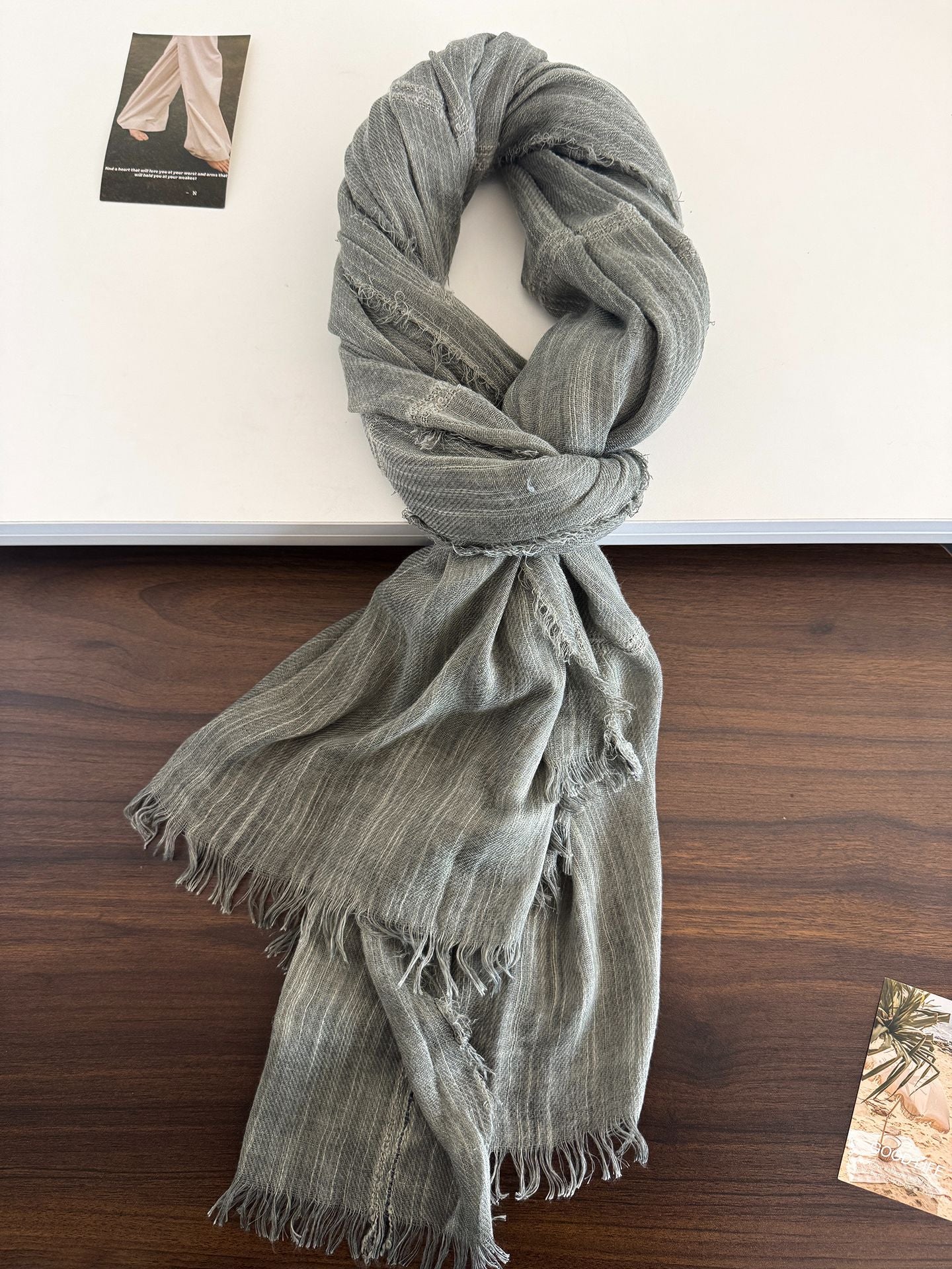 Product image for Scarvii - Gauzy Openwork Stripe Fringed Scarf (Army Green)