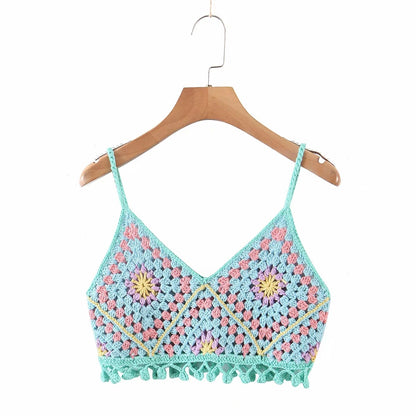 Detailed shot of tassels on Crosa Bohemian crochet tank top