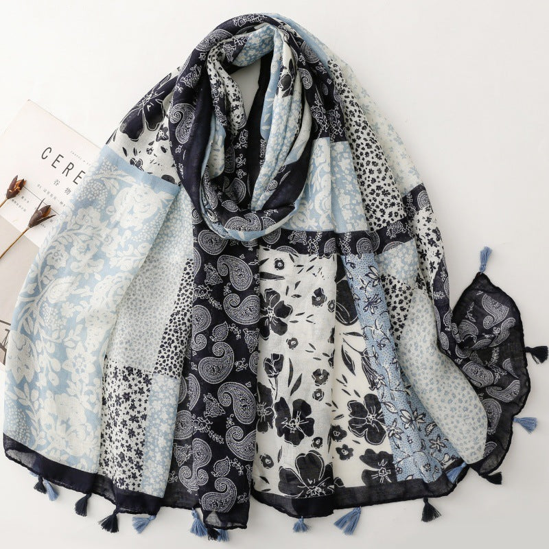 Paisley Blue Patchwork Paisley Tassel Wrap Scarf, draped front view