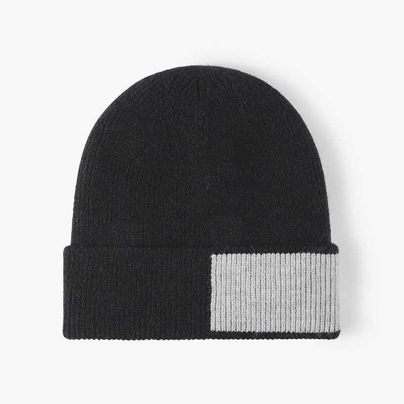Black faux fur-lined contrast patch knit beanie product view