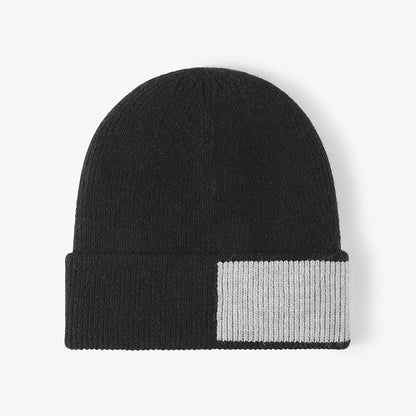Black faux fur-lined contrast patch knit beanie product view