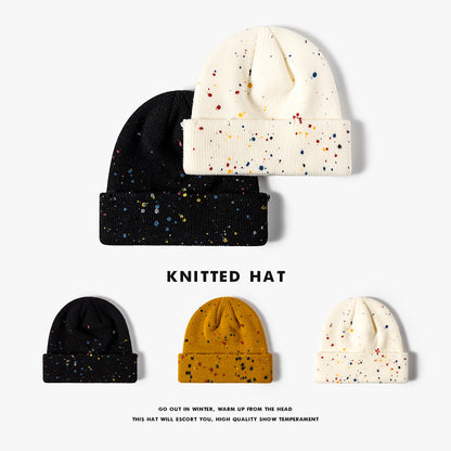 Yellow paint splatter cuffed knit beanie overview