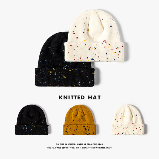 Yellow paint splatter cuffed knit beanie overview