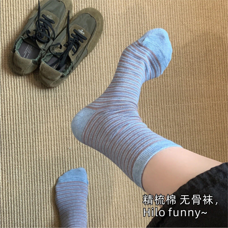 远润家秋季新款2026复古风条纹中筒袜子女棉质学院风日系休闲无骨
