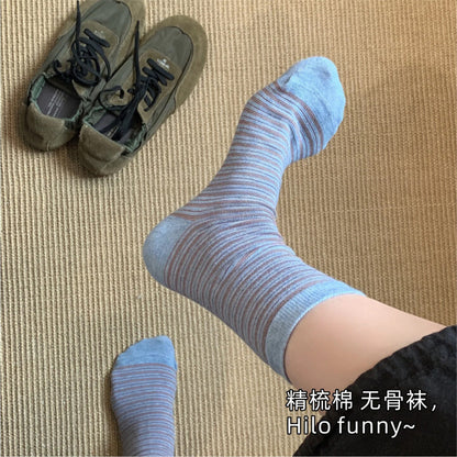 远润家秋季新款2026复古风条纹中筒袜子女棉质学院风日系休闲无骨