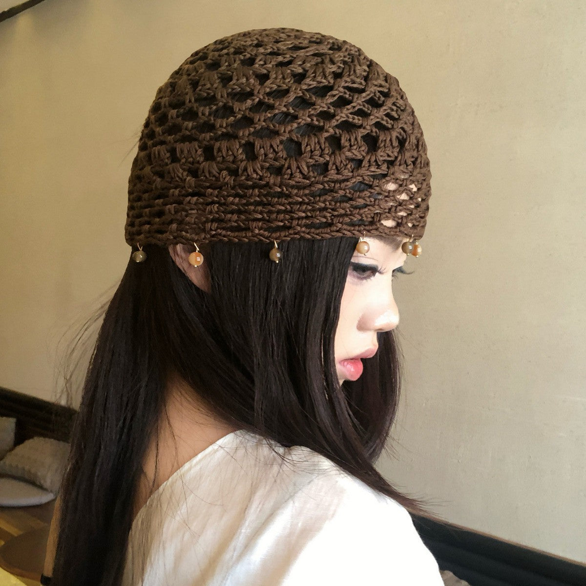 Haila - Solid Color Openwork Bead Charm Beanie