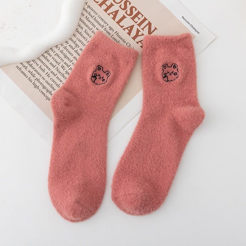 貂绒袜女中筒袜 加厚可爱ins网红小熊刺绣女冬季水貂毛睡眠长袜