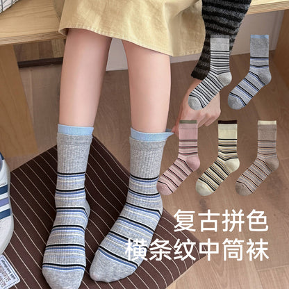 CHEEMY FREE秋冬韩系拼色横条纹中筒袜子女miu风无骨双罗口堆堆袜