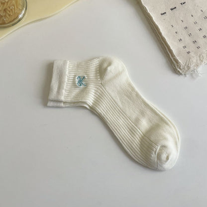 袜子女夏季薄款镂空透气网眼刺绣蝴蝶结短袜棉袜ins潮竖条百搭