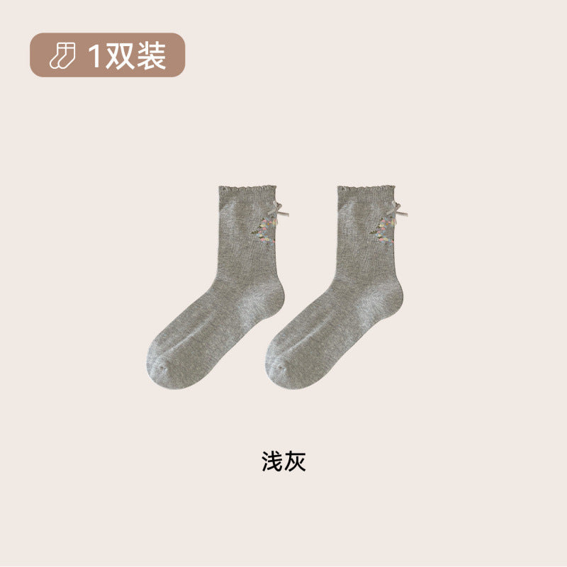 远润家秋冬小清新复古小花中筒袜子女秋少女风无骨堆堆女袜