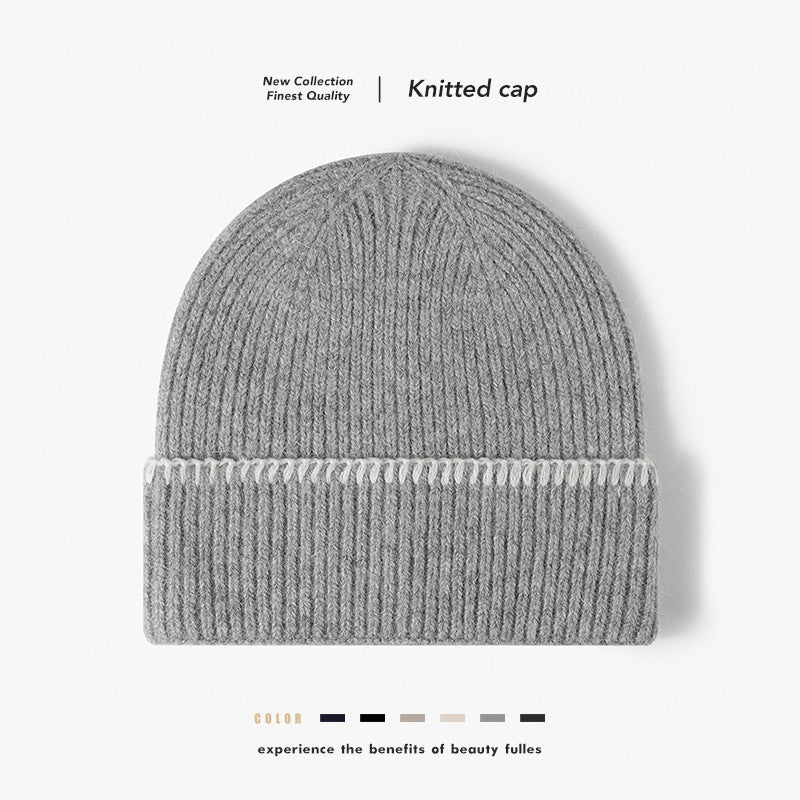 Navy contrast-stitch cuffed knit beanie product view