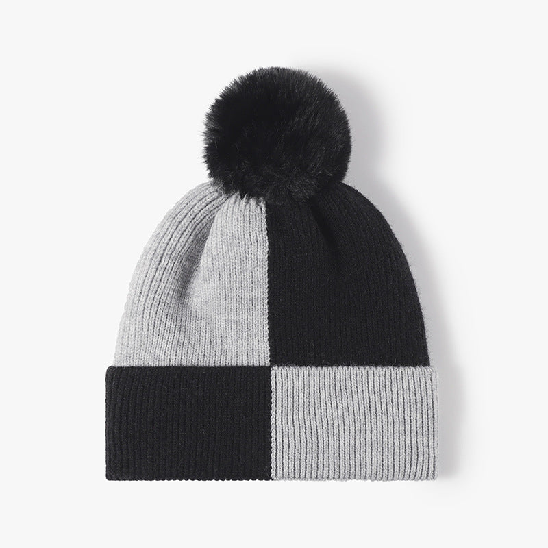 Black colorblock fleece-lined pom-pom beanie product view