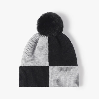 Black colorblock fleece-lined pom-pom beanie product view