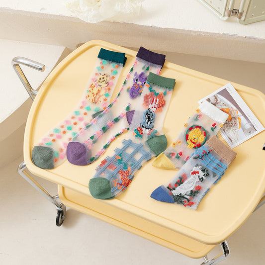 Rufia - Whimsical Cartoon Patterned Sheer Socks