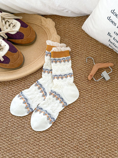 秋冬新款民族风浮雕肌理中筒袜复古费尔岛花纹木耳边潮流百搭袜子