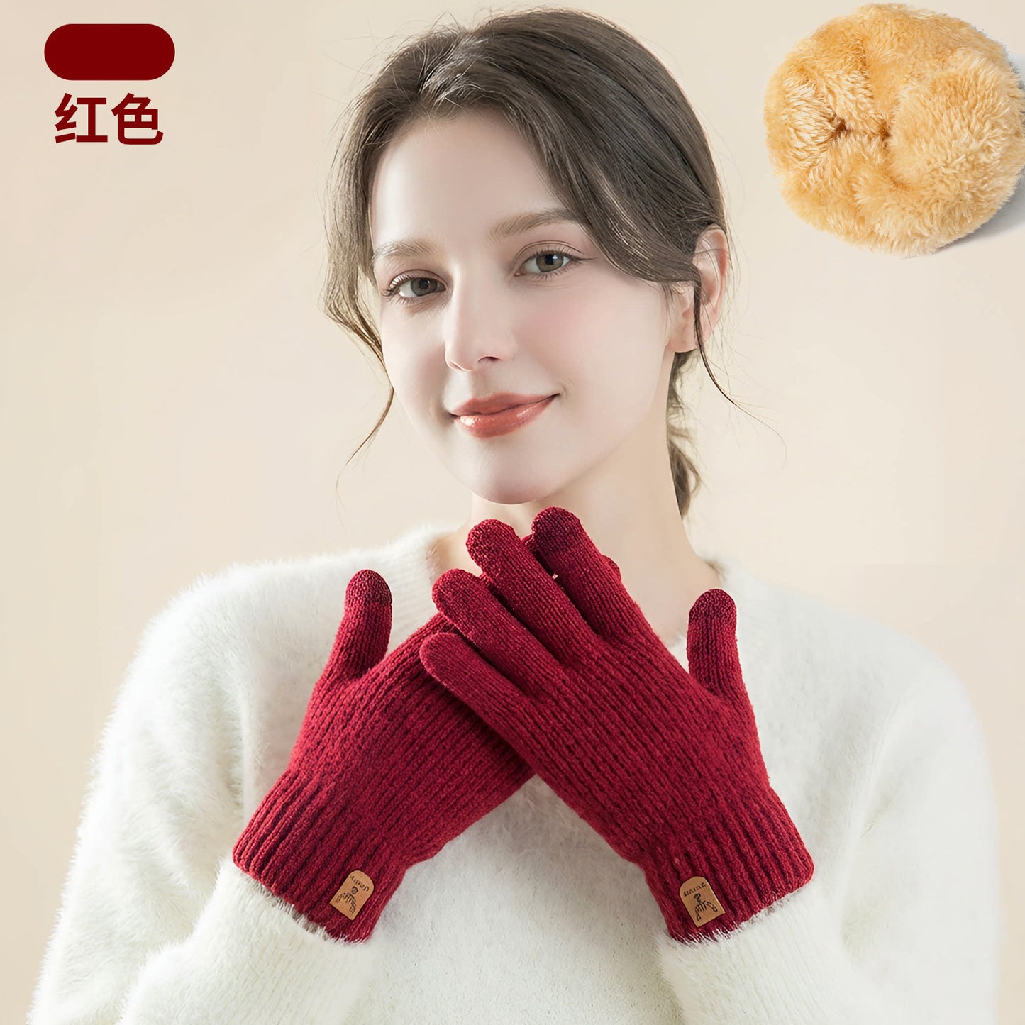新款触屏手套冬季女士针织手套防寒双层加绒加厚户外骑行保暖手套