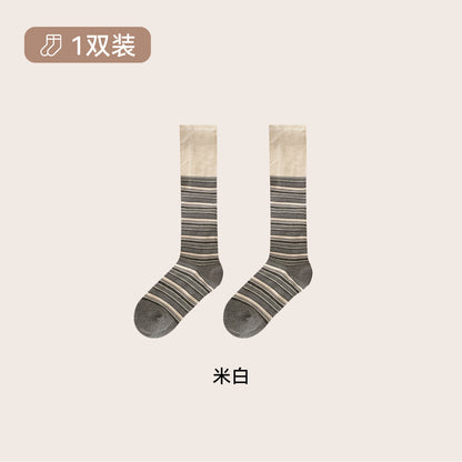 CHEEMYFREE秋冬保暖复古文艺撞色拼条中长筒小腿女袜显瘦小腿女袜